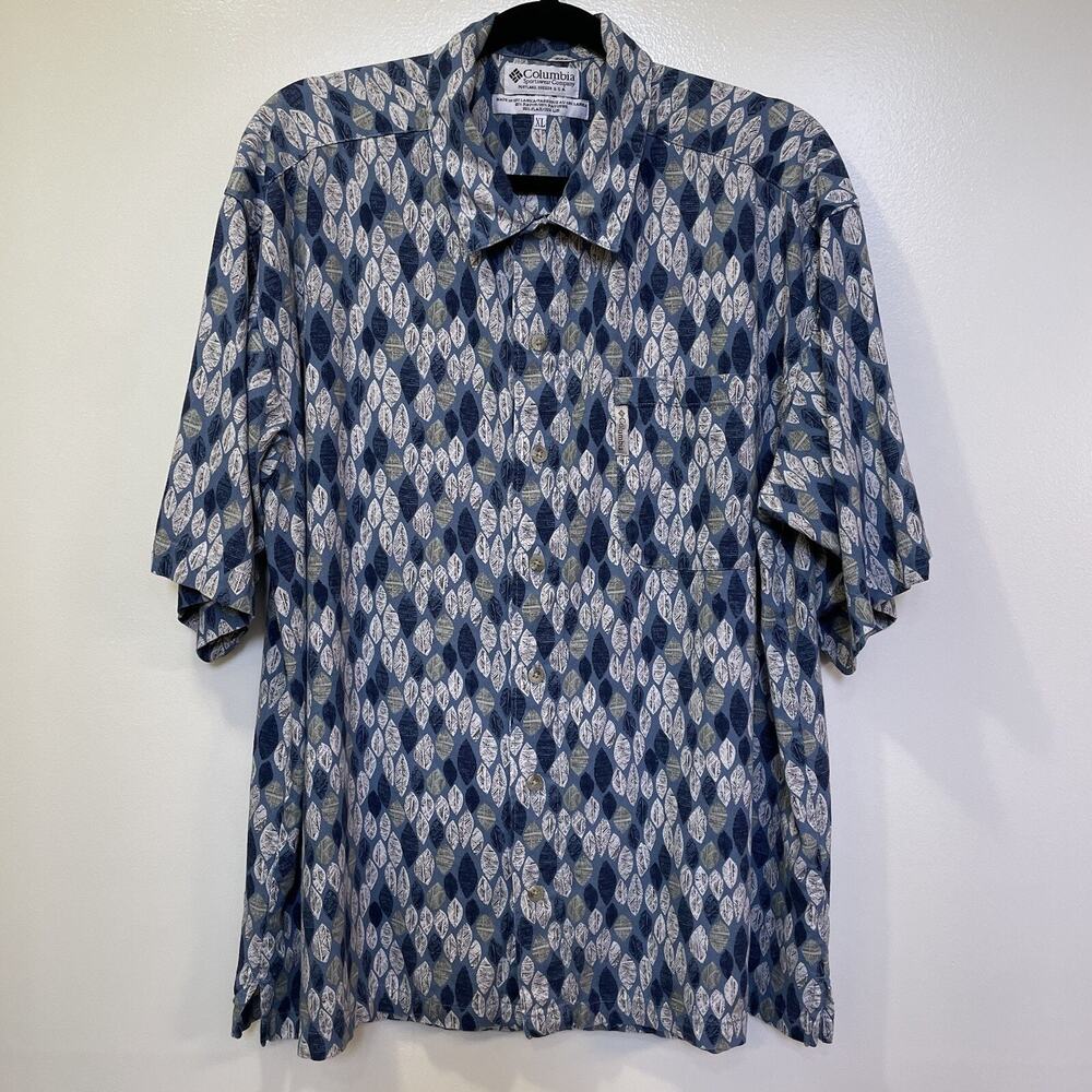 Columbia Mens XL Button Up Shirt Blue Leaf Print Rayon Linen Short Sleeve Preppy